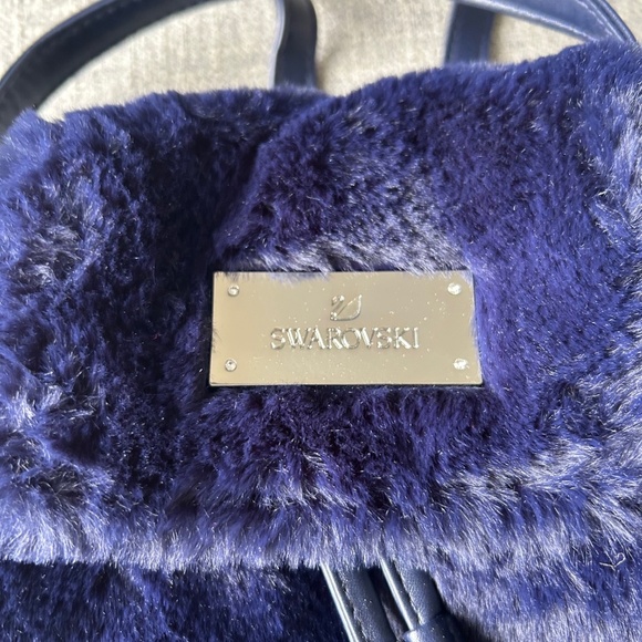 Swarovski faux fur mini backpack purse handbag, dark blue, adjustable straps - Picture 2 of 8